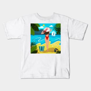 Silhouette of romantic girl in red swimsuit Kids T-Shirt